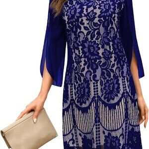 Wedding Guest New Years Eve Cocktail, Formal Dress  Dark Bright Blue Lace 2XL